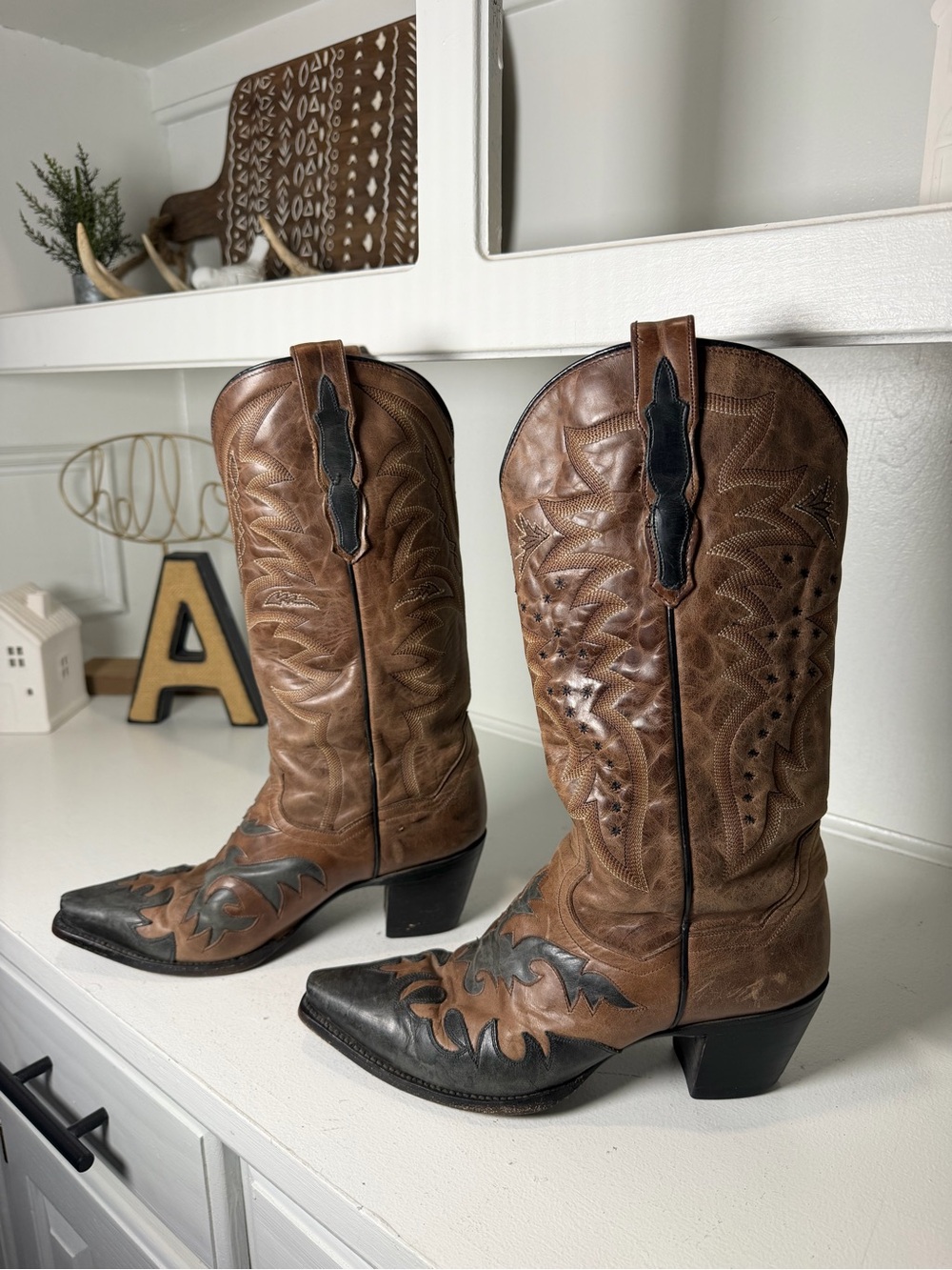 Dan Post Women 7M Brown Black Leather Cowboy Boots Inlay Western Mexico Two-Tone